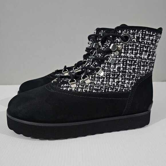 NEW Larroude Vail Ankle Bootie Water Resistant Black White Tweed Nubuck 7.5